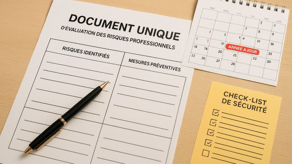 Document DUERP posé sur un bureau avec stylo, calendrier et checklist, illustrant la prévention des risques professionnels avec AMIPEQ