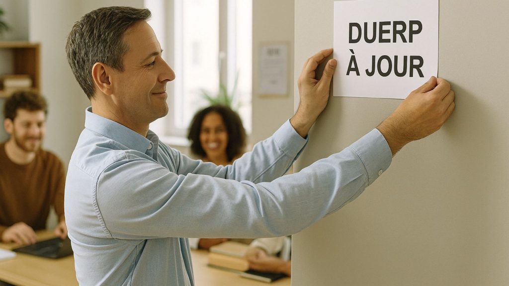 Équipe en entreprise souriante pendant qu’un responsable affiche un panneau "DUERP à jour", illustrant la prévention des risques professionnels avec AMIPEQ