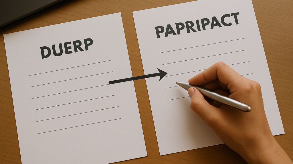Formulaire vierge DUERP et Papripact reliés par une flèche, posé sur un bureau en bois - Amipeq