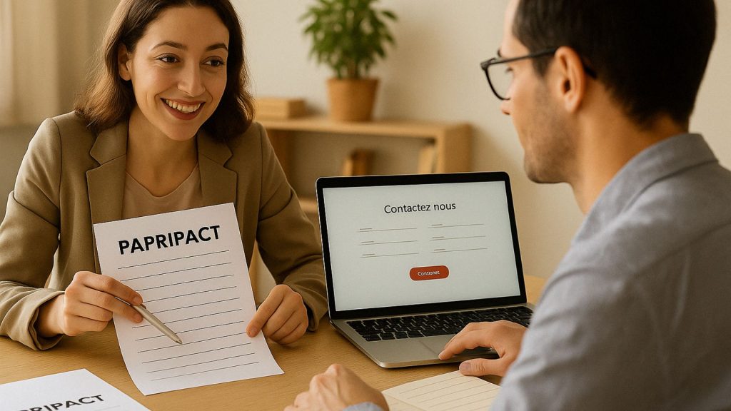 Deux professionnels en réunion dans un bureau, discutant d’un document PAPRIPACT avec un ordinateur affichant un formulaire de contact.