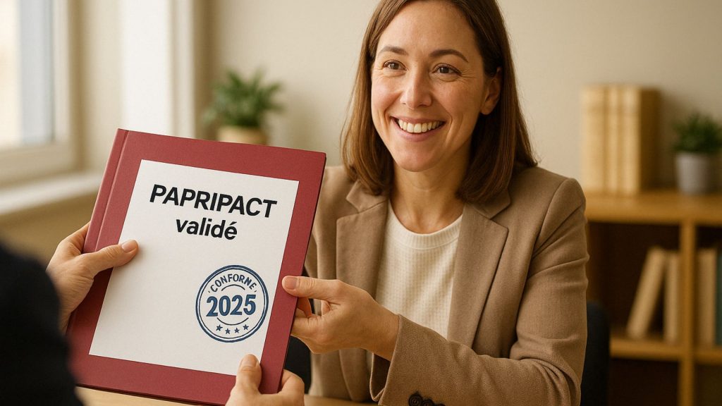 Consultante AMIPEQ remettant un dossier “PAPRIPACT validé” avec tampon “Conforme 2025”, illustrant un accompagnement expert à la rédaction du papripact